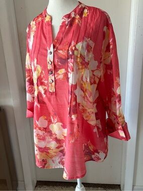 Coral Bay Coral & Yellow Floral Pintuck Tunic